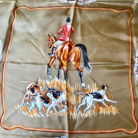 Vintage Equestrian Silk Scarf Fox Hunting Hounds Horn Horse Bits KOREA 34" sq - Picture 6 of 15